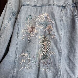 PacSun Light Blue Denim Jacket embroidered Japan Tiger